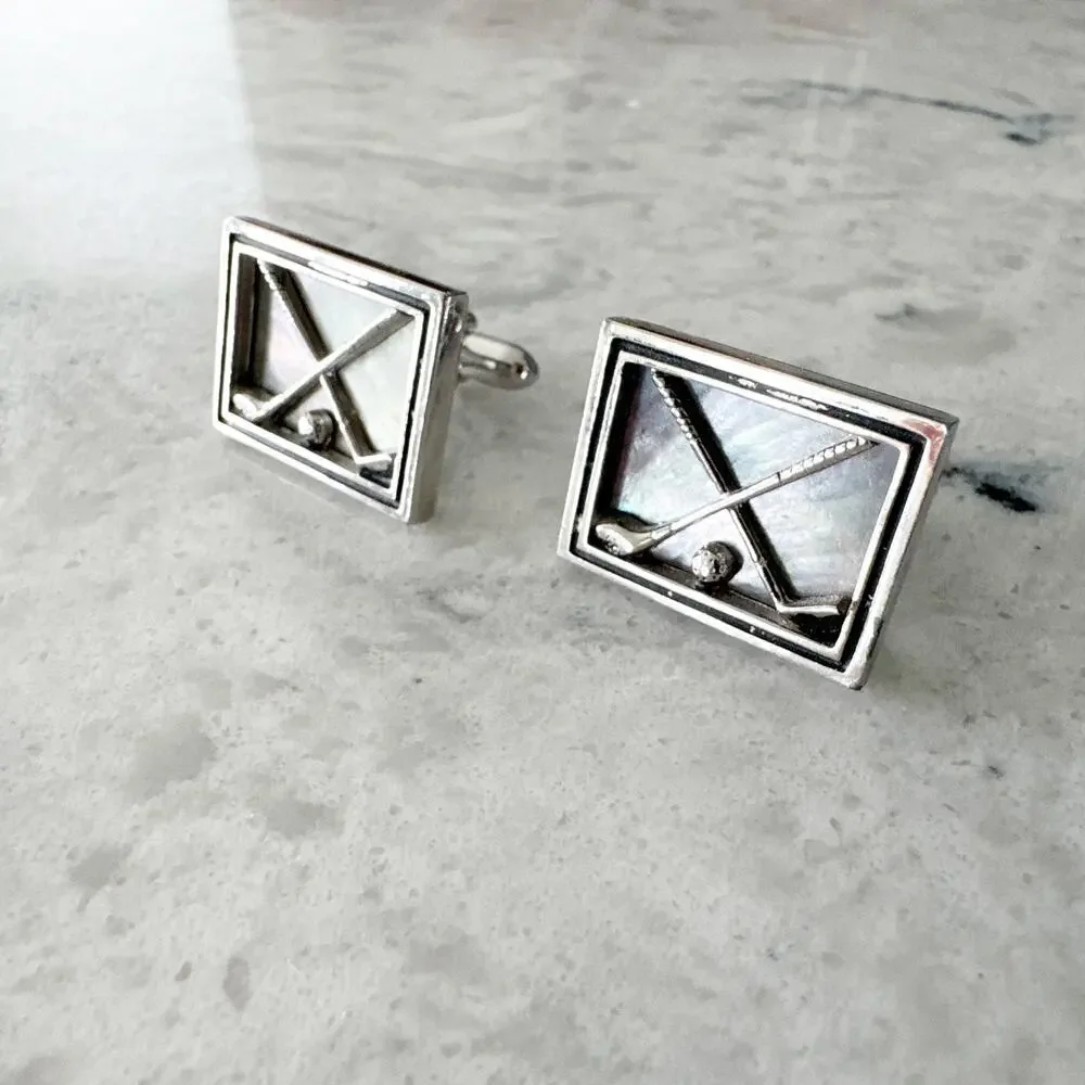 Golf Club Ball Cufflinks Men One Size Silver Tone Iridescent Rectangle Unbranded